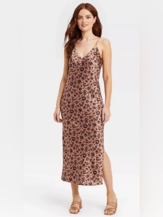 a new day Dresses & Skirts - A New Day Leopard Print Slip Dress XL Tan/Black Silky Midi w/ Asymmetrical Slit